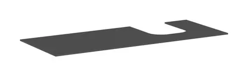 Graue Konsole für Aufsatzwaschtisch mit Ausschnitt auf der rechten Seite, gefertigt von Hansgrohe. Flache Form, geschliffene Oberfläche.